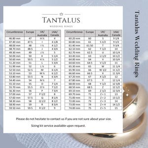 Op de afbeelding: Een tabel met ringmaten in millimeters en de overeenkomstige maten in Amerikaanse, Britse en Europese maattabellen. De tabel heeft de titel "Tantalus Wedding Rings".