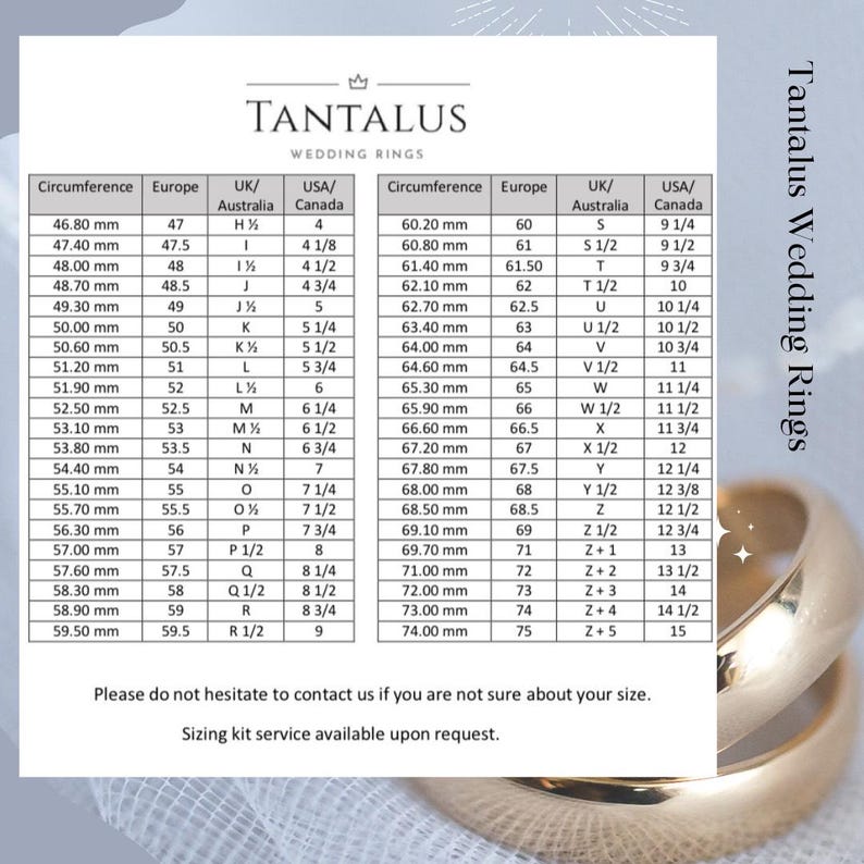 Op de afbeelding: Een tabel met ringmaten in millimeters en de overeenkomstige maten in Amerikaanse, Britse en Europese maattabellen. De tabel heeft de titel "Tantalus Wedding Rings".