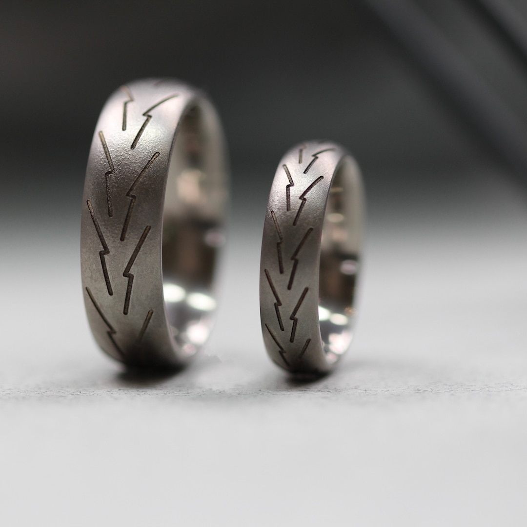 Titanium Wedding Rings Set. Corsa Motorcycle Tyres Engraving