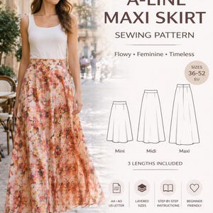 May include: A-line maxi skirt sewing pattern with three lengths: mini, midi, and maxi. The pattern includes sizes 36-52 EU. The image shows a woman wearing a floral maxi skirt. The text on the image says "Instant Download".