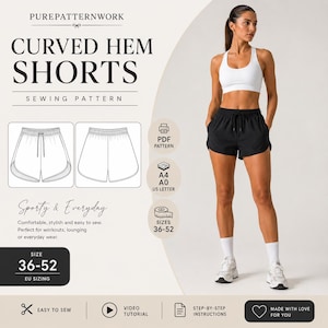 Pode incluir: Padrão de costura de shorts com bainha curva preta com o texto "CURVED HEM SHORTS". A imagem inclui uma mulher vestindo shorts pretos e um sutiã esportivo branco. O padrão está disponível nos tamanhos 36-52.