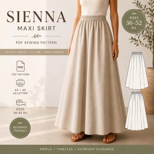 Może przedstawiać: Beżowa spódnica maxi o kroju litery A z elastycznym pasem, prezentowana jako wykrój krawiecki PDF o nazwie Sienna Maxi Skirt. Obraz zawiera ikony formatów PDF, A4, A0 i US Letter, zakres rozmiarów 36-52 EU oraz oznaczenie dla początkujących.