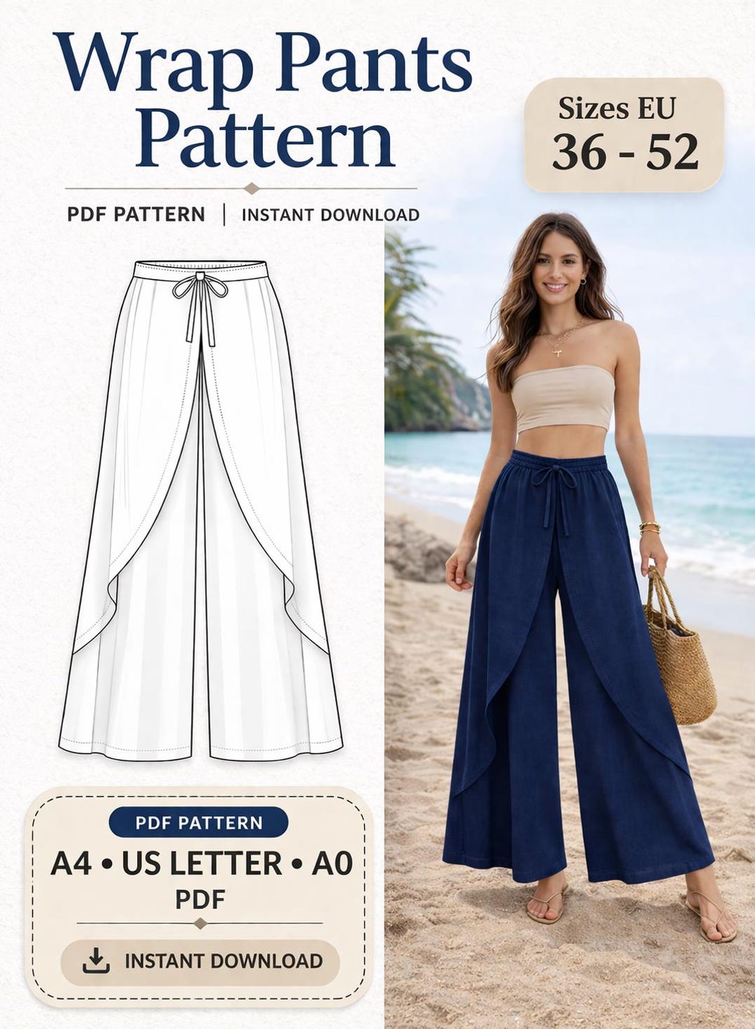 Luna Wrap Pants Pattern PDF | Wide Leg Beach Pants | Skirt Pants Sewing ...