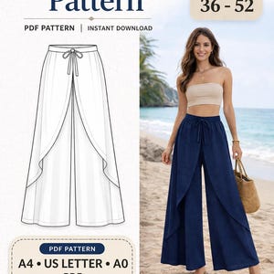 Mönster för Luna Wrap-byxor i PDF-format | Strandbyxor med vida ben | Sömnadsmönster för kjolbyxor | Resår med hög midja | A4 A0 US LETTER | Storlekar 36-52
