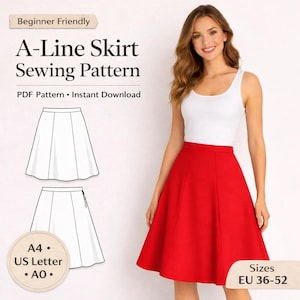 May include: A-line skirt sewing pattern with the text "Beginner Friendly". The pattern includes a diagram of the skirt and is available as a PDF download. The image also shows a woman wearing a red A-line skirt. Sizes EU 36-52.