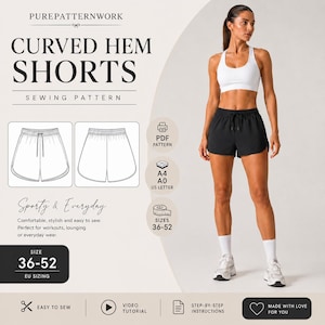 Puede incluir: Un patrón de costura digital para pantalones cortos con dobladillo curvo de PUREPATTERNWORK. El diseño muestra un top deportivo blanco y pantalones cortos negros con cordón. Incluye formatos PDF, A4, A0 y US Letter para tallas 36-52, tutorial y guía.
