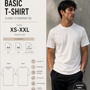 Puede incluir: Un patrón de camiseta básica blanca con el texto "BASIC T-SHIRT" y tallas "XS-XXL". La imagen incluye un diagrama de la parte delantera y trasera de la camiseta, junto con iconos que indican un ajuste clásico, cuello redondo y diseño para principiantes. El patrón es para una talla unisex.