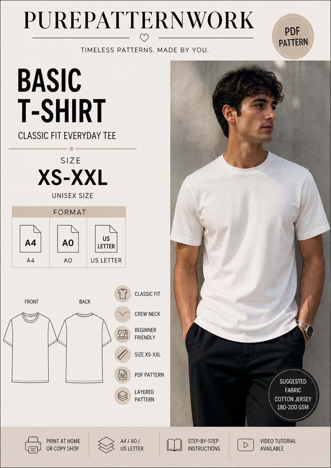 Basic T Shirt Pattern Pdf, Men Tee Sewing Pattern XS XXL, A4 A0 US ...