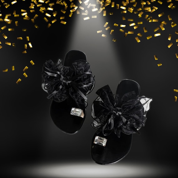 black bow slide sandals