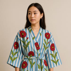 100% Pure Cotton Indian Block printed Kimono | Striped Cotton Kimono Robe | Quirky Beach Cover up/Comfy Maternity Mom | Gift For Her