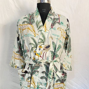 Animal Print Cotton Kimono Robe: Hand Block Printed Boho Bath Robe