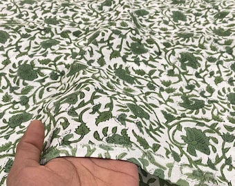 Green Hand Block Print Fabric, Dressmaking Fabric, Indian Cotton Fabric, Soft Cotton Fabric For Dresses, Fabric By The Yard, Womens Clothing