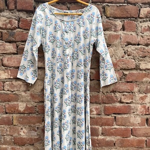 Beautiful Summer Floral Print Dress, Indian Tunic, Hand Block Print Dress, Blue Floral Print Dress, Indian Cotton Dress, Printed Dress