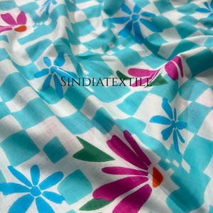 Floral Block Print Cotton Fabric: Pink Turquoise Indian Textile