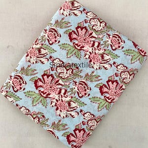 Sky Blue Floral Block Print Cotton Fabric: Indian Dressmaking Material