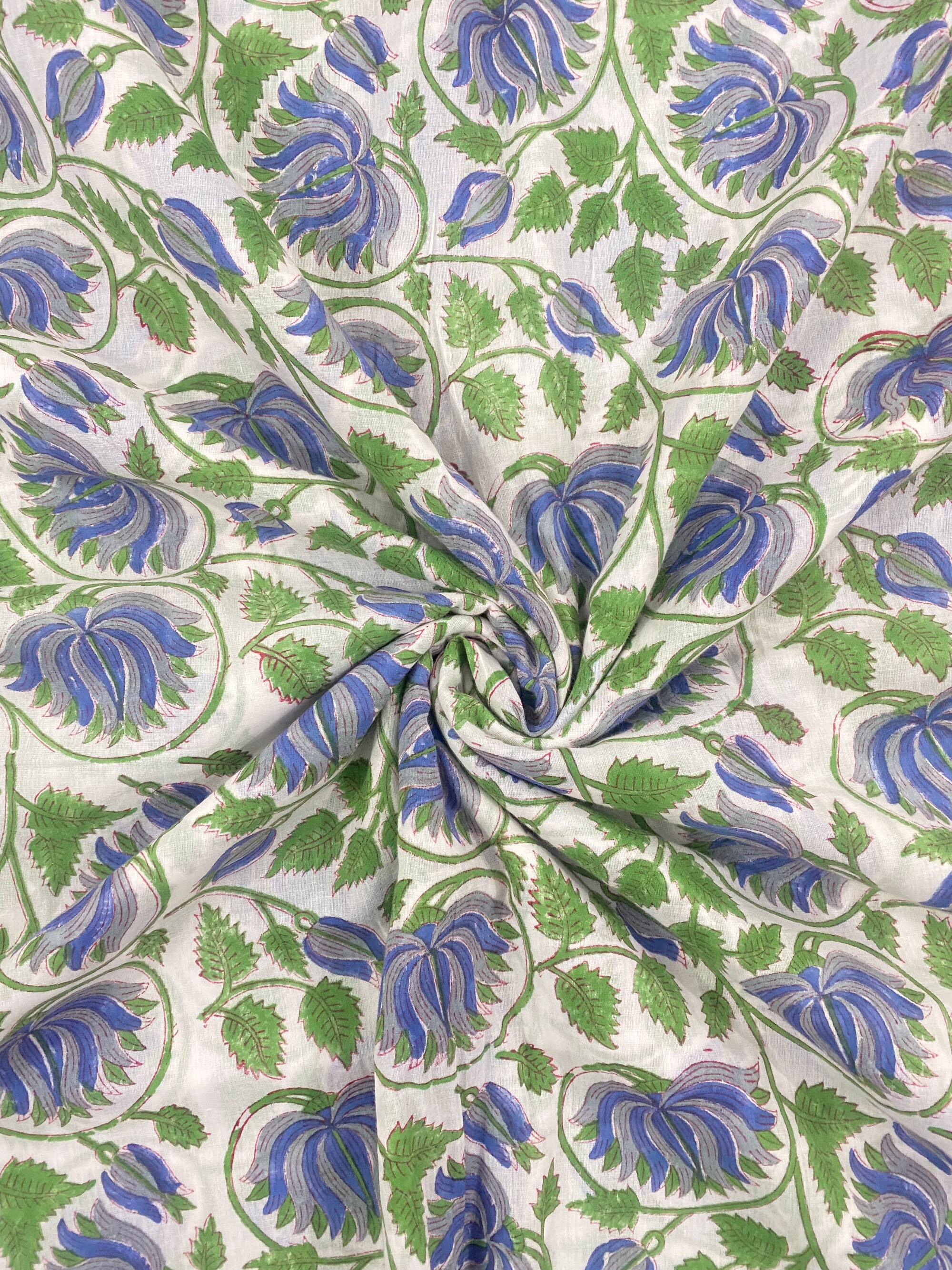 Blue Floral Cotton Fabric: Hand Block Print Fabric By The Yard