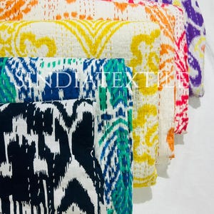 Handmade Ikat Kantha Quilt: Bohemian Block Print Cotton Bed Cover