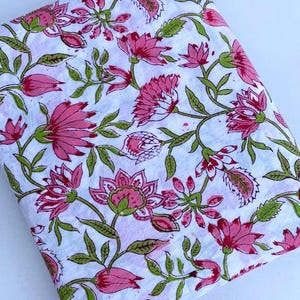 Pink Floral Hand Block Print Cotton Fabric: Indian Sewing Textile