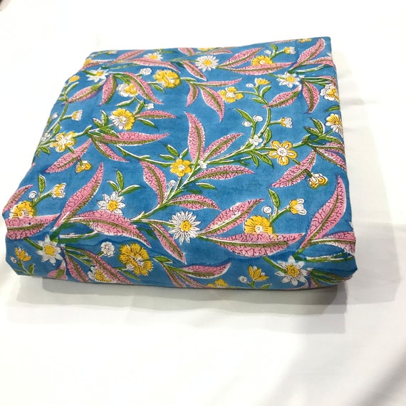 Cotton Fabric by the Yard Blue Fabric Floral Hand Block Etsy