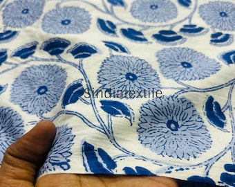 Blue Floral Block Print Cotton Fabric - Indian Handprinted Quilting Material