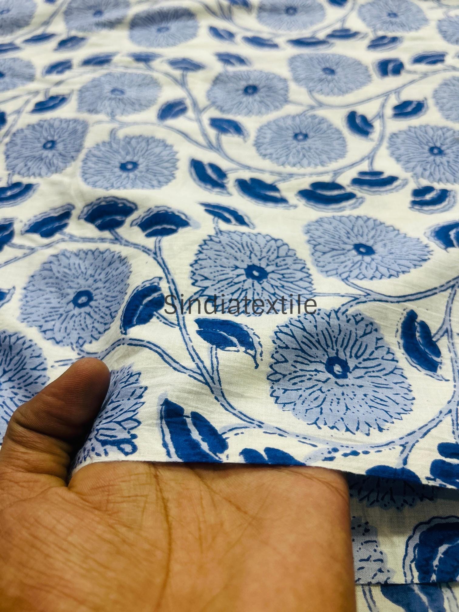 Indian Blue Floral Block Print Cotton Fabric by Yard – Handprinted Indian Fabric for Sewing, Quilting, Dressmaking, Summer Crafts