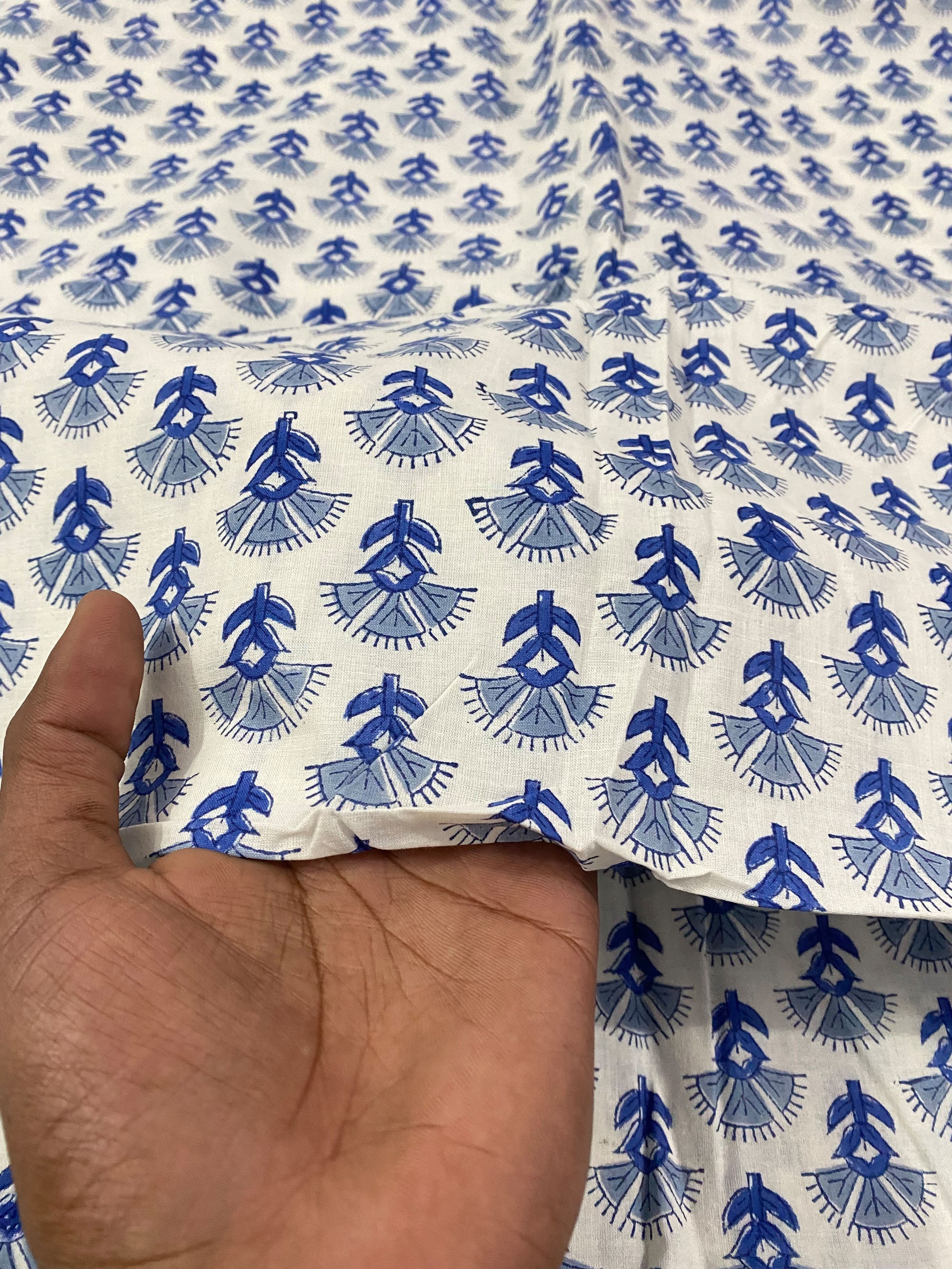 Blue Floral Hand Block Print Cotton Fabric: Indian Dressmaking Fabric By The Yard