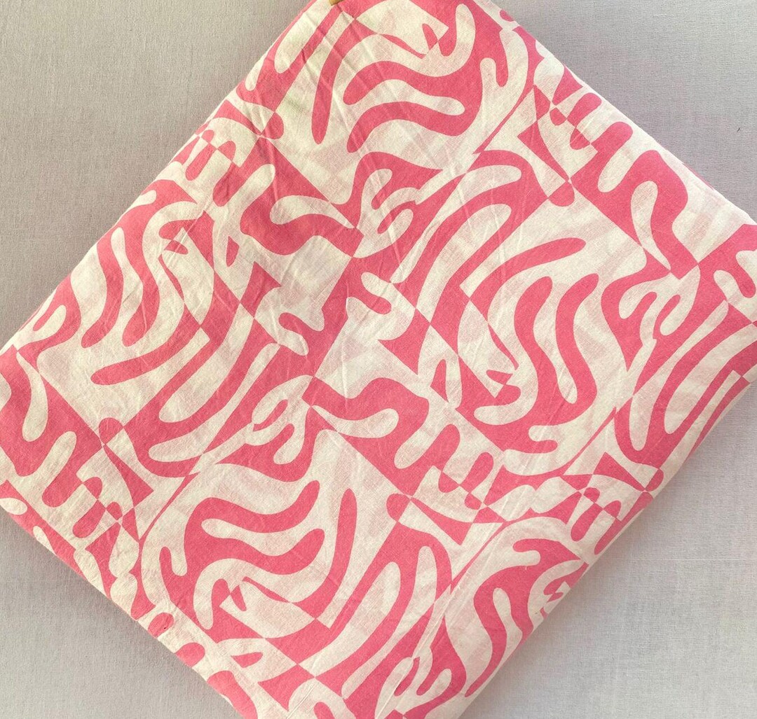 Modern Abstract Block Print Fabric – Pink & White Handmade Cotton ...