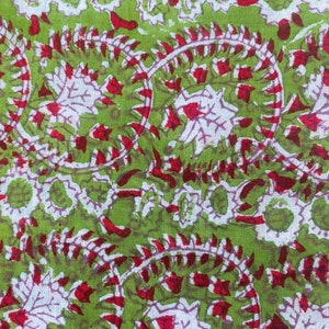 Green Floral Block Print Cotton Fabric: Handmade Indian Sewing Quilting Material