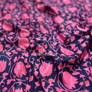 Pink Floral Block Print Cotton Fabric: Indian Sewing Fabric By The Yard