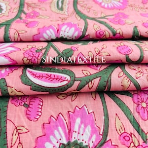 Pink Floral Block Print Cotton Fabric: Bohemian Dressmaking, Quilting