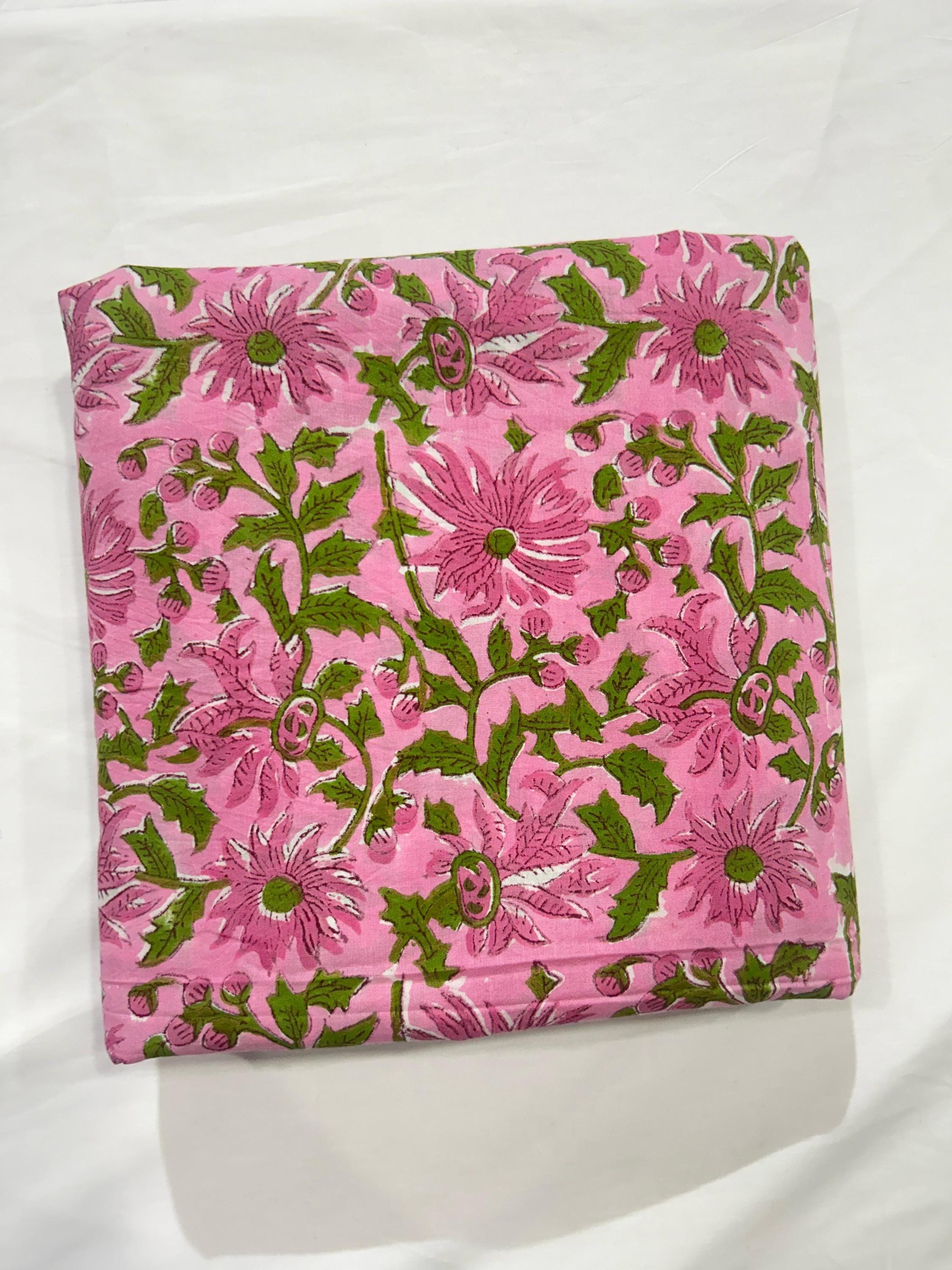 Pink Floral Block Printed Cotton Fabric: Indian Heritage Material