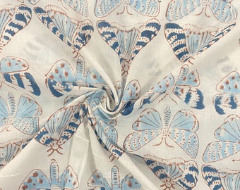 Butterfly Hand  Printed Cotton Fabric, Handmade Fabric, Soft Cotton Fabric, Dressmaking Fabric, Fabric By The Yard, Womens Clothing