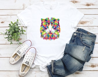 Colorful Cat Head T-Shirt: Women's Graphic Tee