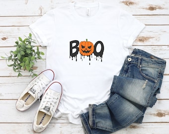 Camiseta con estampado de calabaza y abucheo de Halloween: Camiseta de temporada espeluznante