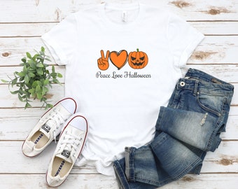 Peace Love Halloween Shirt - Pumpkin Shirt - Skeleton Halloween Tee - Teacher Halloween Shirt - Mom Halloween Tee - Trick Or Treat Shirt