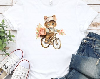 Kätzchen auf Fahrrad T-Shirt, Tier Tshirt, Tierliebhaber Shirt, süßes Katzen T-Shirt