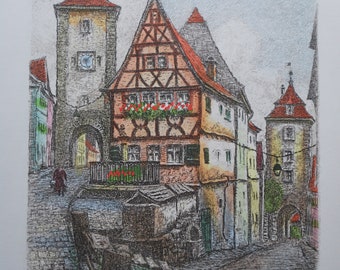 Sehr schöne Radierung, Colorradierung, Rothenburg Tauber, signiert