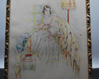 Original Art Déco kolorierte Zeichnung, Darstellung einer Frau aus der 1920er, gerahmt,