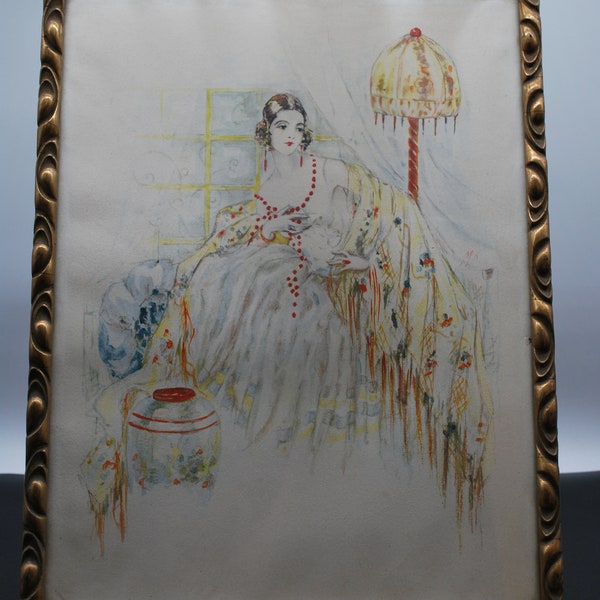 Original Art Déco kolorierte Zeichnung, Darstellung einer Frau aus der 1920er, gerahmt,