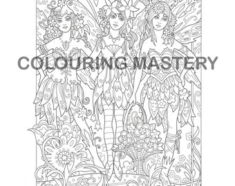 Fairies & Flowers | Premium Printable Adult Colouring Page | Instant Download | Greyscale colouring page