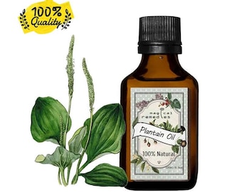 May include: A brown glass bottle of plantain oil with a black cap, labeled "Plantain Oil 100% Natural." The image includes a watercolor illustration of plantain leaves and flower stalks. A yellow banner reads "100% Quality."