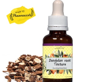 May include: A brown glass bottle of Dandelion root tincture with a white dropper. The label features the text "Dandelion root Tincture" and the sizes 10ml/30ml/50ml/100ml. A pile of dandelion roots is next to the bottle. The text "made by Pharmacist" is in the upper left corner.