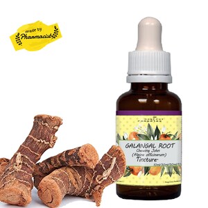May include: A brown glass bottle with a dropper, labeled "GALANGAL ROOT Chewing John (Alpina officinarum) Tincture." Next to it are several pieces of galangal root. The text "made by Pharmacist" is also visible.