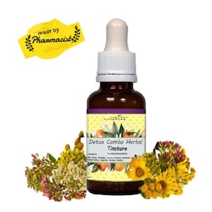 May include: A brown glass bottle of Detox Combo Herbal Tincture with a white dropper. The label features the text "Detox Combo Herbal Tincture" and the words "made by Pharmacist" on a yellow banner. Colorful flowers surround the bottle.