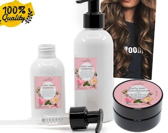 May include: A collection of white bottles and a black jar of hair care products. The bottles are labeled "Curly Hair Shampoo" and the jar is labeled "Curly Hair Conditioner". The labels feature pink floral designs. A woman with curly hair is in the background.