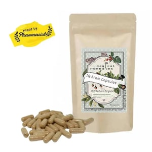 Może przedstawiać: Beżowa torebka z kapsułkami IQ Brain z etykietą z kwiatowymi wzorami i napisem "Magical Remedies". Stos brązowych kapsułek znajduje się przed torebką. Na etykiecie widnieje również napis "100% Pure Organic".