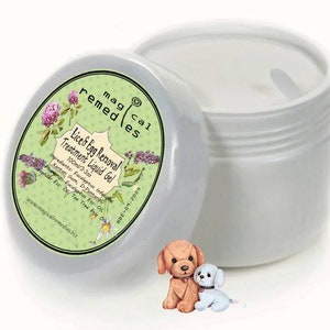 May include: A white jar of Lice & Egg Removal Treatment Liquid Gel, with a green and white label. The label includes text and illustrations of flowers. Two small dog figurines are in front of the jar.