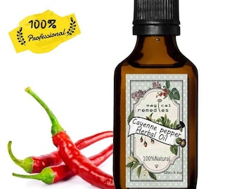 May include: A brown glass bottle of "Cayenne pepper Herbal Oil" with a black cap and a label featuring botanical illustrations. The image includes three red chili peppers and a yellow banner that says "100% Professional".
