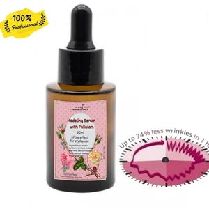 May include: A brown glass bottle with a black dropper, labeled "Modeling Serum with Pullulan." The label includes floral illustrations and text indicating a lifting effect. A graphic shows a reduction in wrinkles. The bottle contains 30ml of serum.
