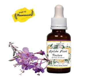 May include: A brown glass bottle of Epilobe Plant Tincture with a white dropper, accompanied by a sprig of purple flowers. The label reads "Epilobe Plant Tincture" and "made by Pharmacist". Available in 10ml, 30ml, 50ml, and 100ml sizes.